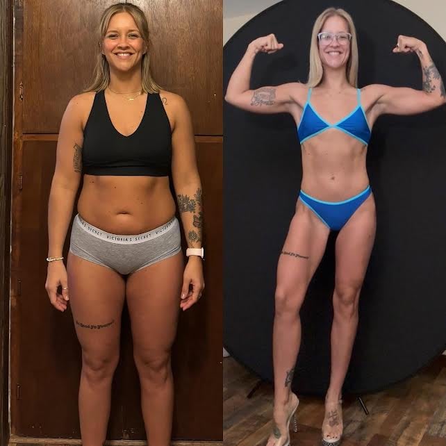 Before and After Transformation of Confident Woman showing progress with weight loss and muscle gain.